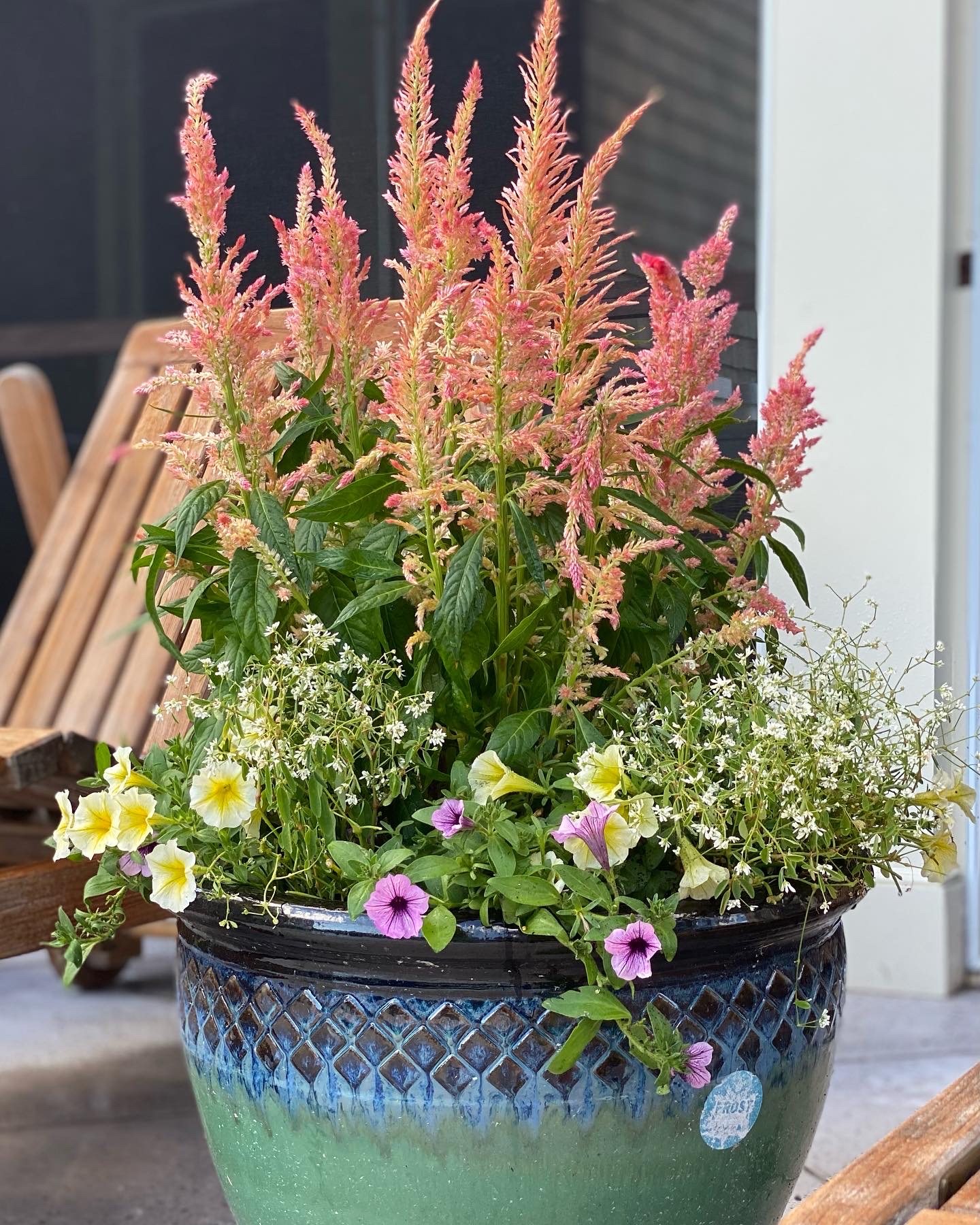 Seasonal color composed for a generous porch container